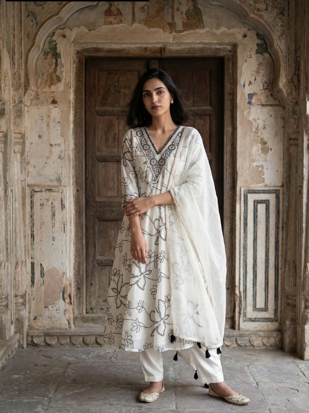 French Crepe Kurti Set with Organza Dupatta Lace Work