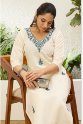 off white roman silk embroidered kurti for women floral design