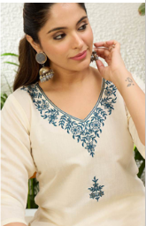 off white roman silk kurti floral embroidery women three quarter sleeves