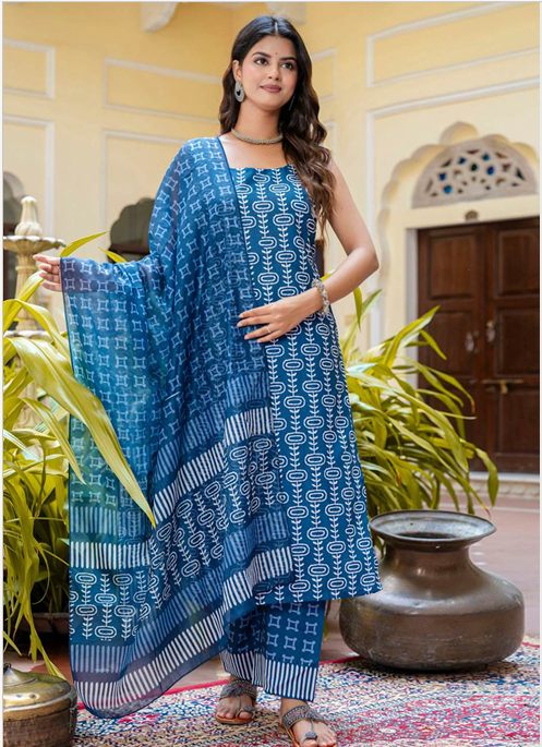 blue kurta set for women cotton blend with dupatta