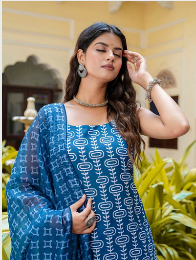 Blue Kurta Set for Women with Dupatta – Cotton Blend (9627)