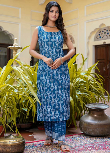 Blue Kurta Set for Women with Dupatta – Cotton Blend (9627) - Image 2