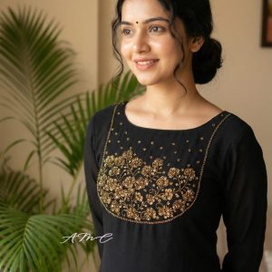 Black cotton embroidered kurti for women with designer print