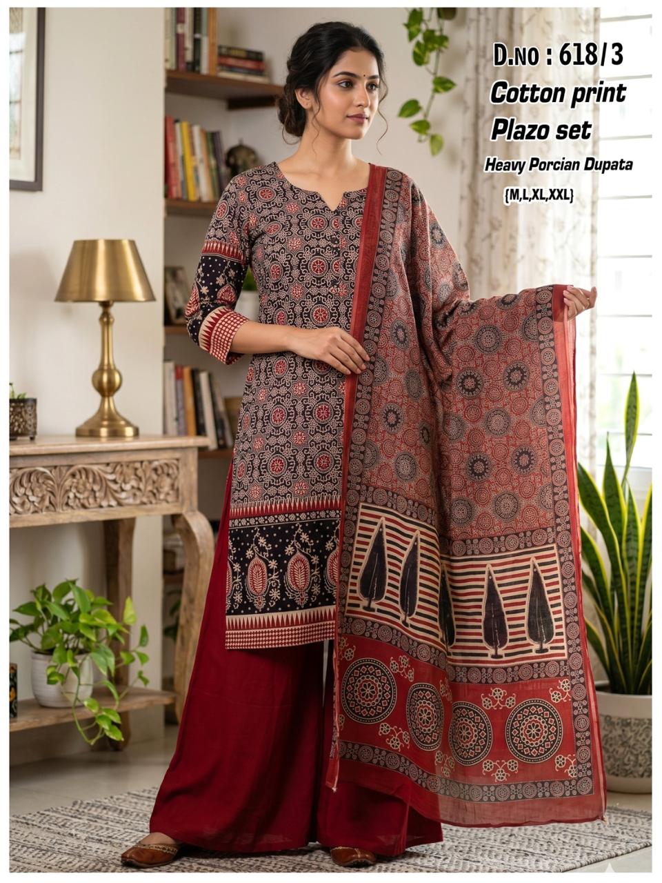 Fabrics Cotton Daman Print Kurti Set with Palazzo & Persian Print Box Dupatta - Image 3