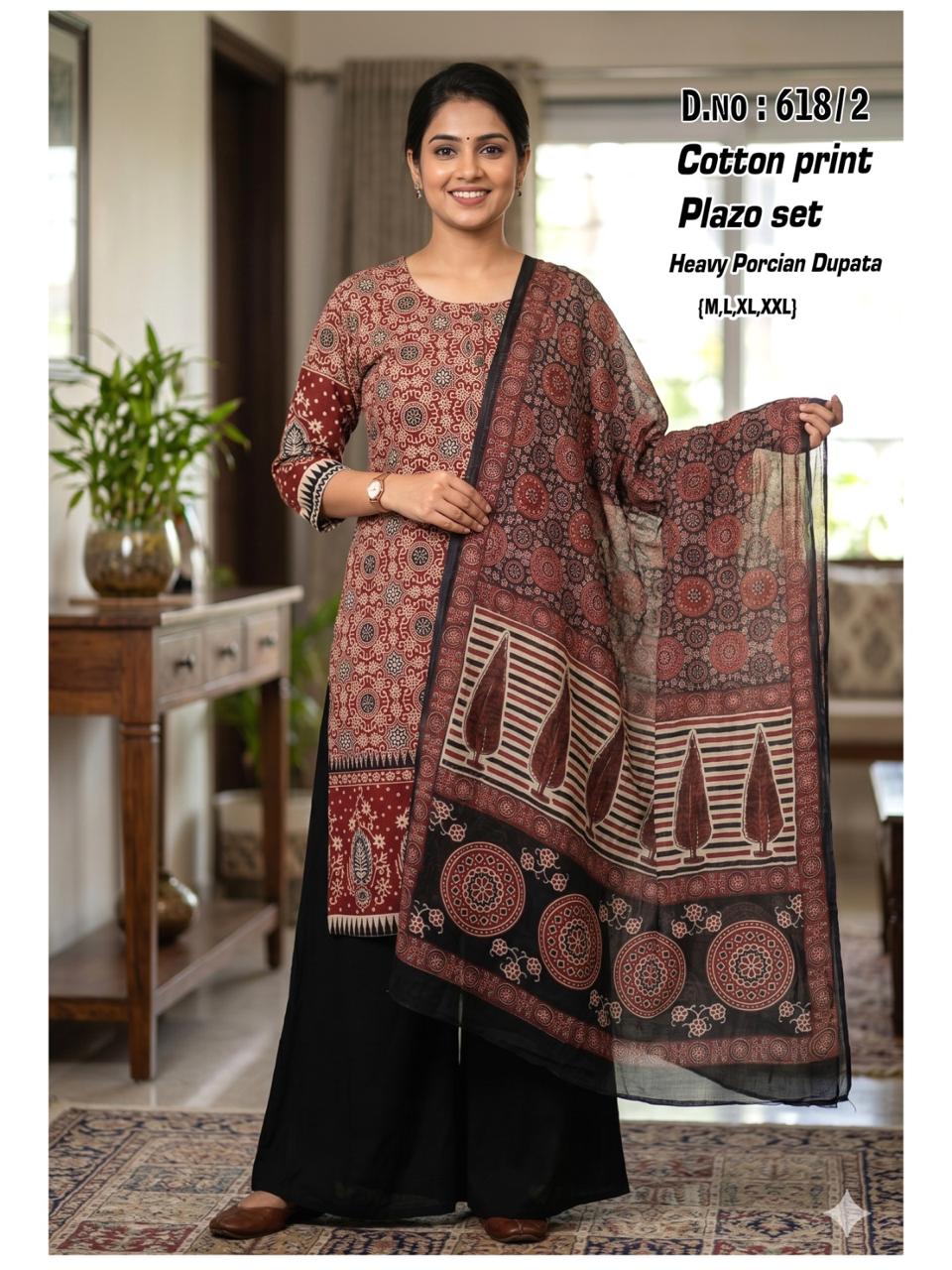 Fabrics Cotton Daman Print Kurti Set with Palazzo & Persian Print Box Dupatta - Image 4