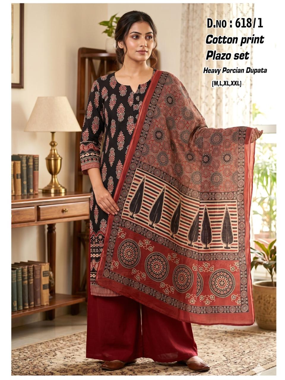 Fabrics Cotton Daman Print Kurti Set with Palazzo & Persian Print Box Dupatta - Image 5