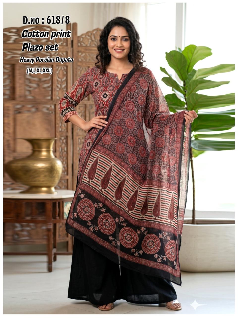 Cotton kurti set with palazzo and Persian print dupatta for women