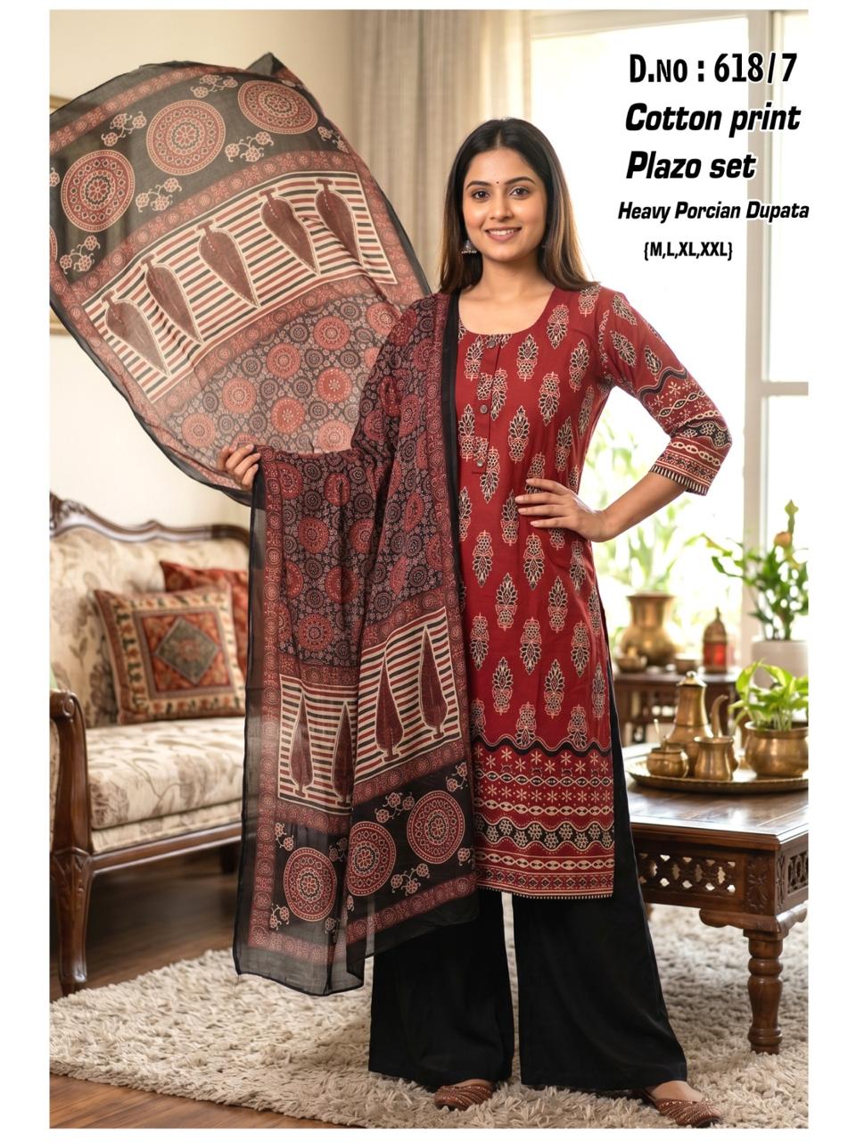 Fabrics Cotton Daman Print Kurti Set with Palazzo & Persian Print Box Dupatta - Image 6