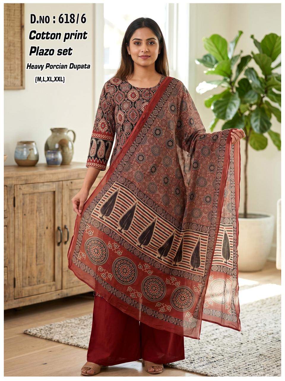 Fabrics Cotton Daman Print Kurti Set with Palazzo & Persian Print Box Dupatta - Image 9