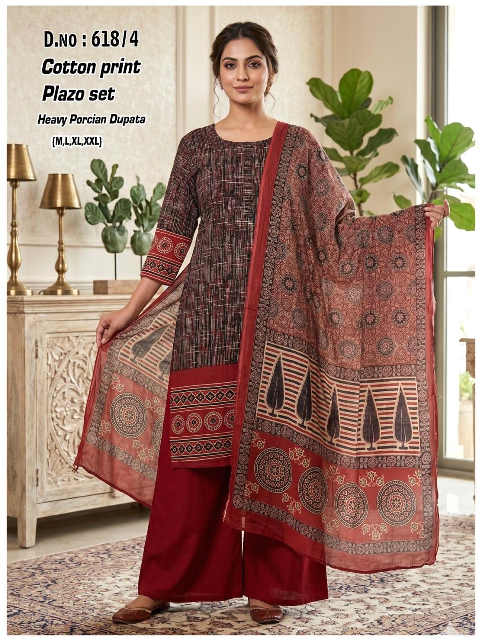Cotton kurti set with palazzo and Persian print dupatta for women