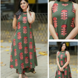 Woman wearing premium south cotton cord set A-line midi dress with printed design