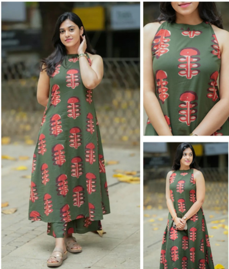 Woman wearing premium south cotton cord set A-line midi dress with printed design