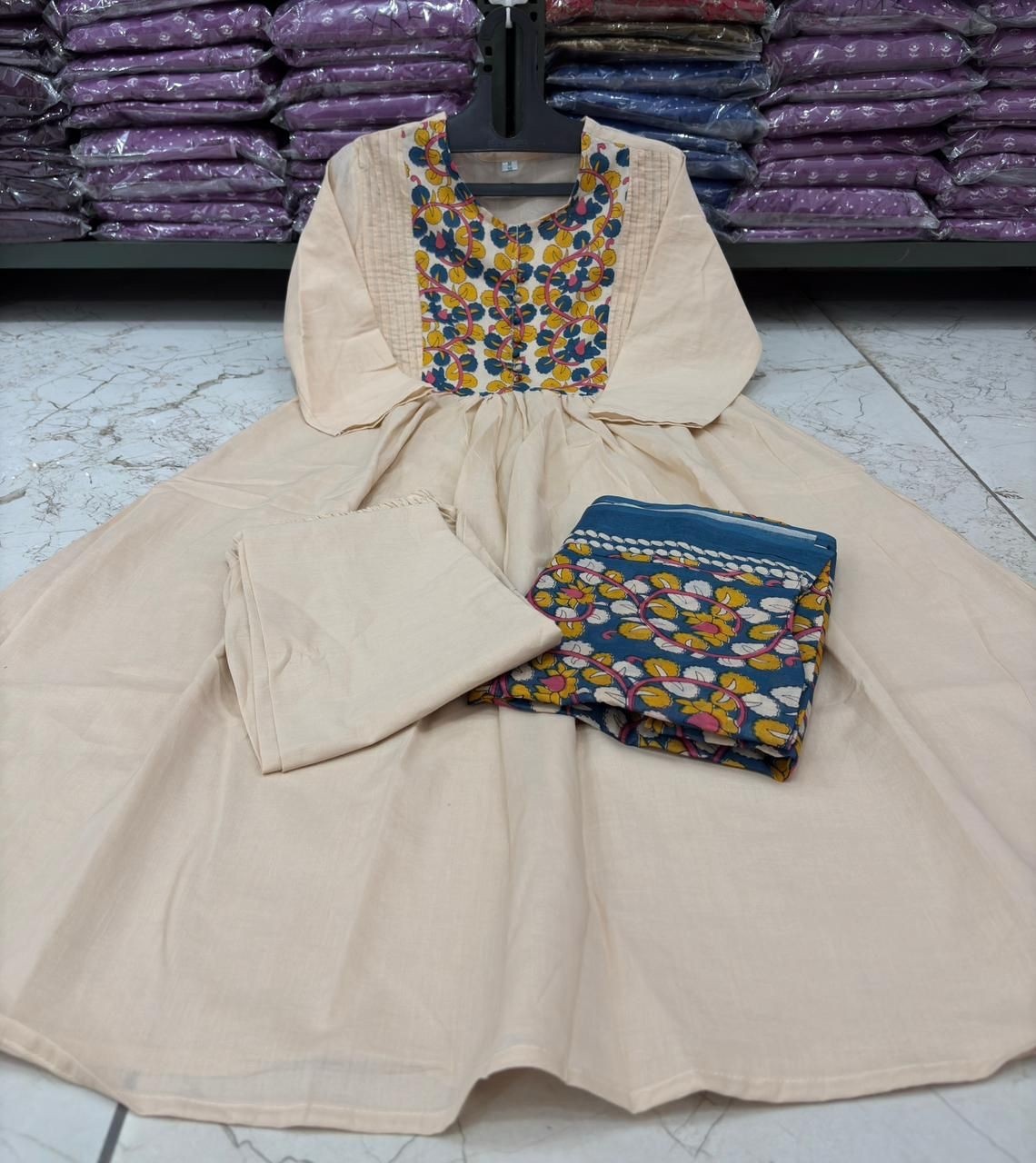 A-line cotton kurta set with Jaipur printed malmal dupatta and embroidery work for women