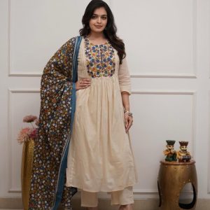 A-line cotton kurta set with Jaipur printed malmal dupatta and embroidery work for women