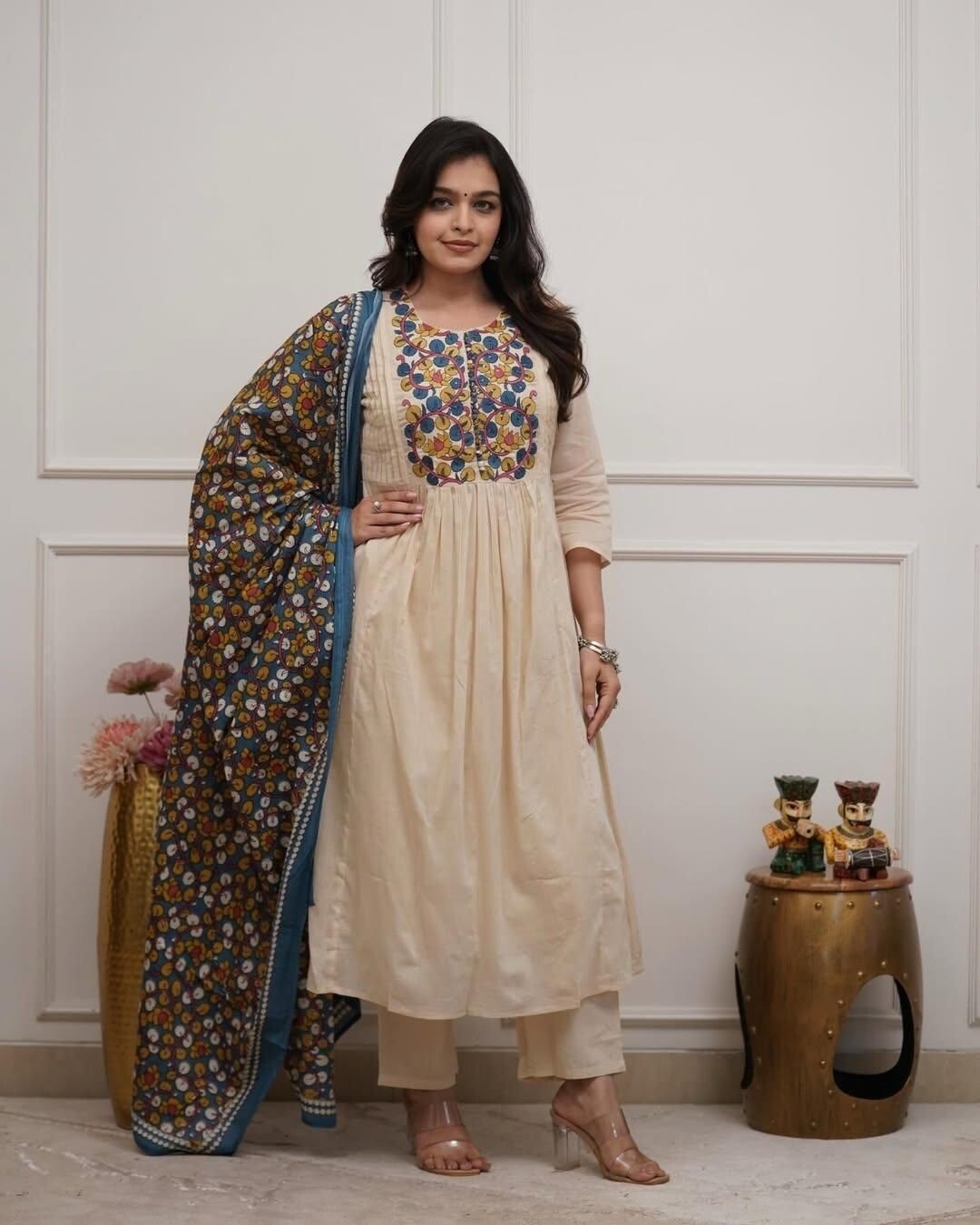 A-line cotton kurta set with Jaipur printed malmal dupatta and embroidery work for women