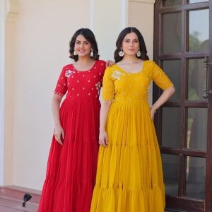 Red Yellow embroidery gown women party wear Kerala faux blooming gown