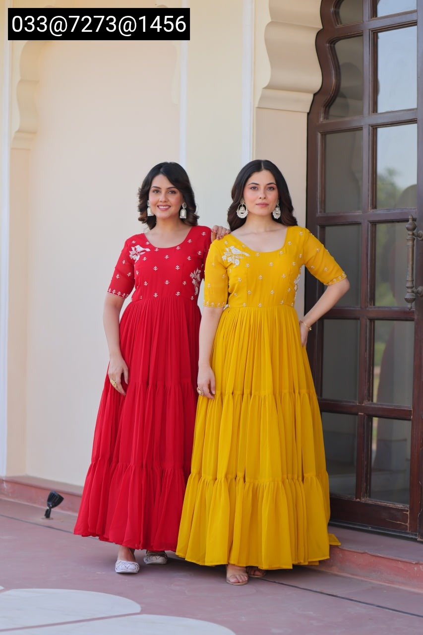 Red Yellow embroidery gown women party wear Kerala faux blooming gown