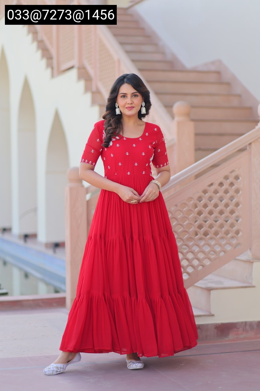 Red & Yellow Faux Blooming Gown with Beads Embroidery | Party Wear Gown for Women - Image 7