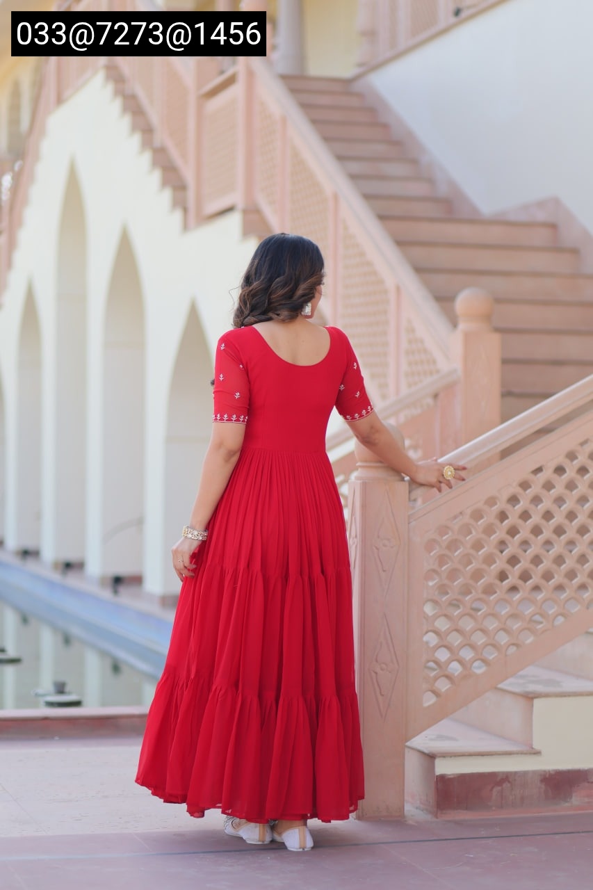 Red & Yellow Faux Blooming Gown with Beads Embroidery | Party Wear Gown for Women - Image 8
