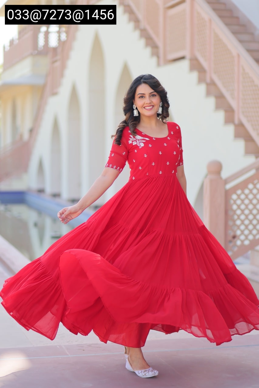 Red & Yellow Faux Blooming Gown with Beads Embroidery | Party Wear Gown for Women - Image 10