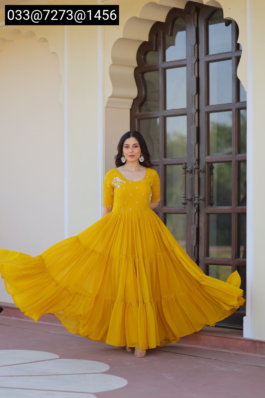 Red & Yellow Faux Blooming Gown with Beads Embroidery | Party Wear Gown for Women - Image 2