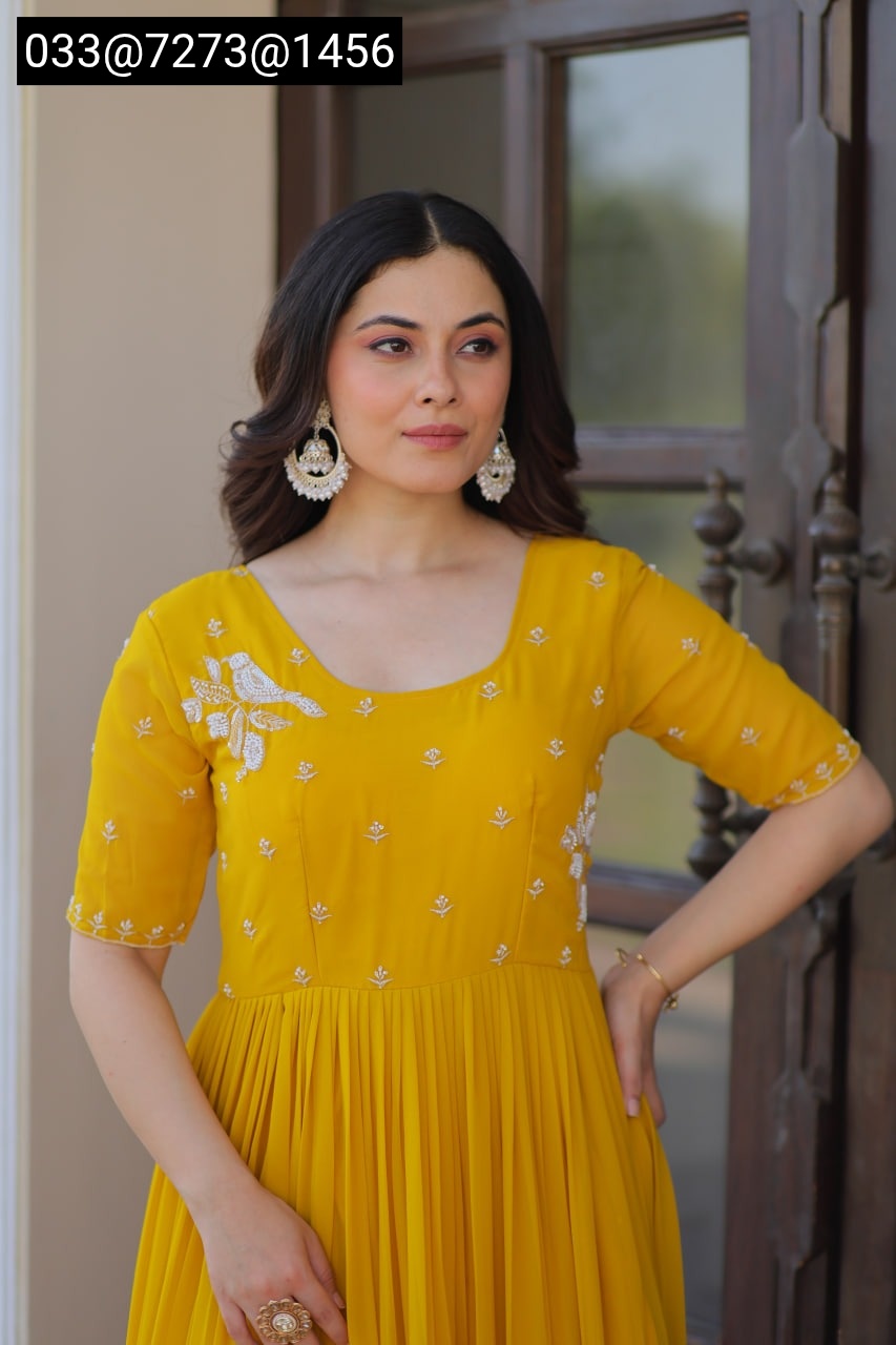 Red & Yellow Faux Blooming Gown with Beads Embroidery | Party Wear Gown for Women - Image 3