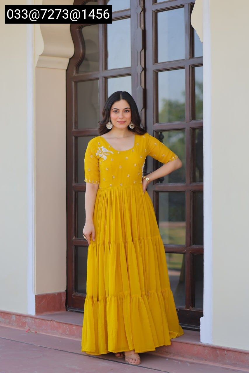 Red & Yellow Faux Blooming Gown with Beads Embroidery | Party Wear Gown for Women - Image 4