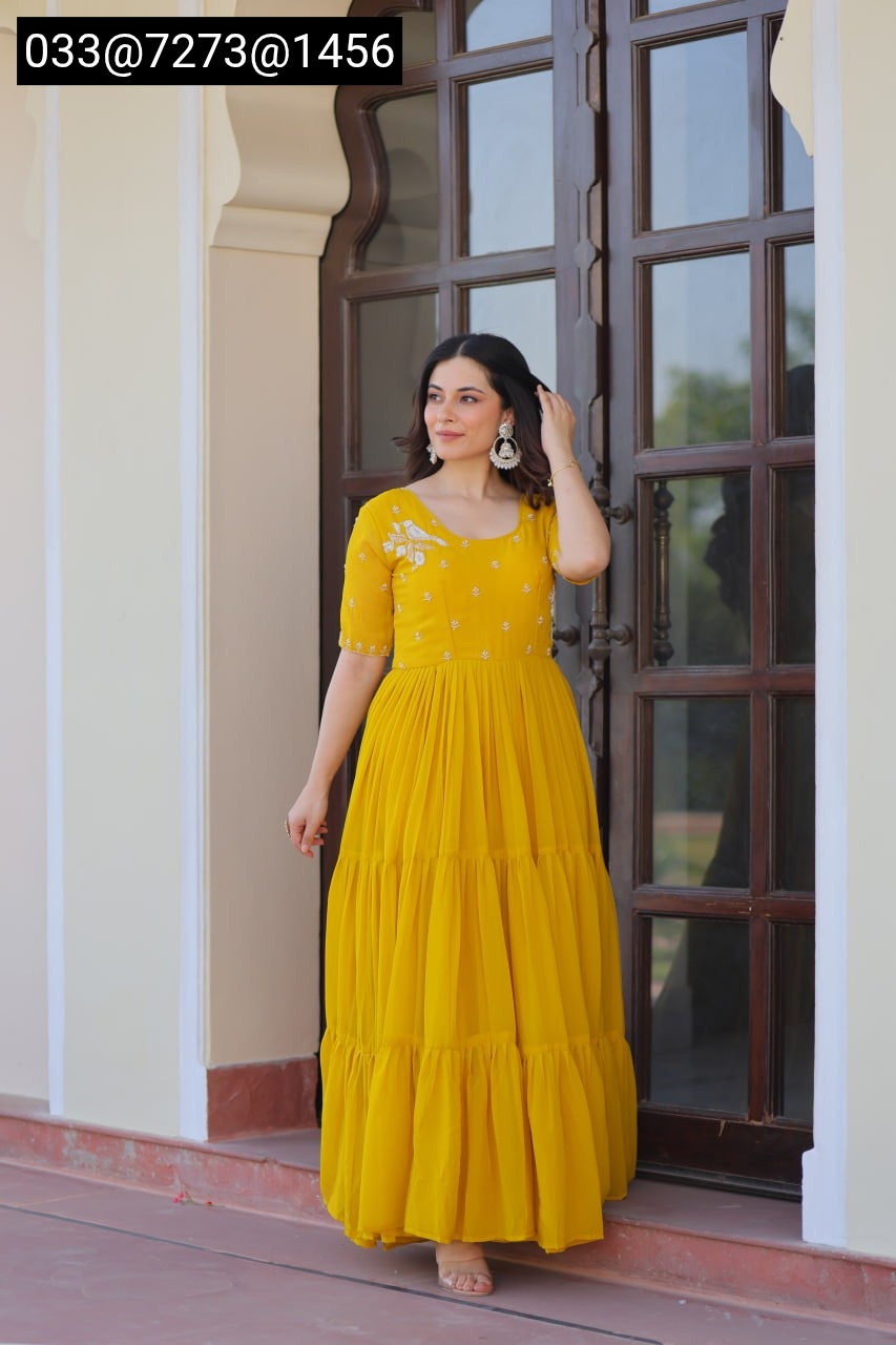 Red & Yellow Faux Blooming Gown with Beads Embroidery | Party Wear Gown for Women - Image 5