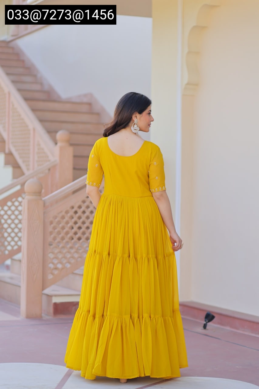 Red & Yellow Faux Blooming Gown with Beads Embroidery | Party Wear Gown for Women - Image 6