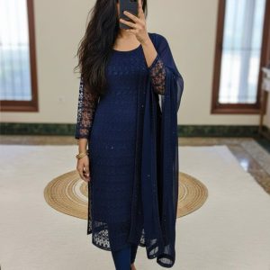 Women’s Net Fabric Chikankari Kurti with Soft Georgette Dupatta and Lace Border