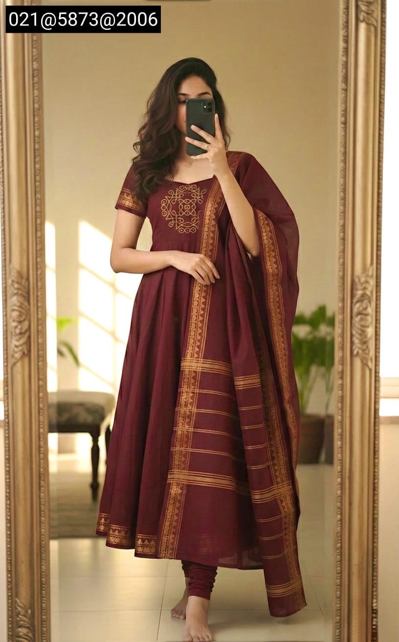 Women’s Pattu Cotton Kurti with Jacquard Weaving Zari Border & Dupatta | Ethnic Wear - Image 3