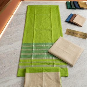 Pure Cotton Saree Green Cream Combination for Women