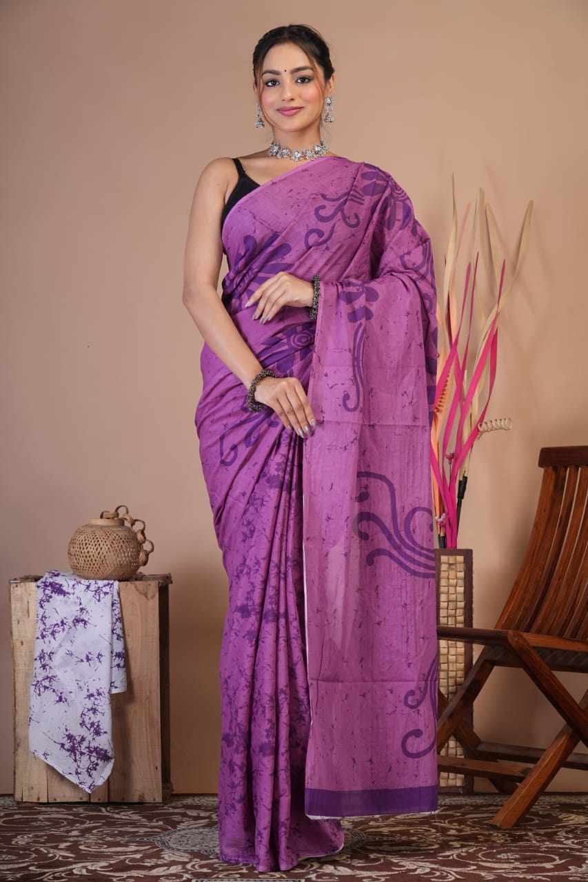 Best Quality Cotton Mulmul Saree with Handblock Print and Blouse Piece