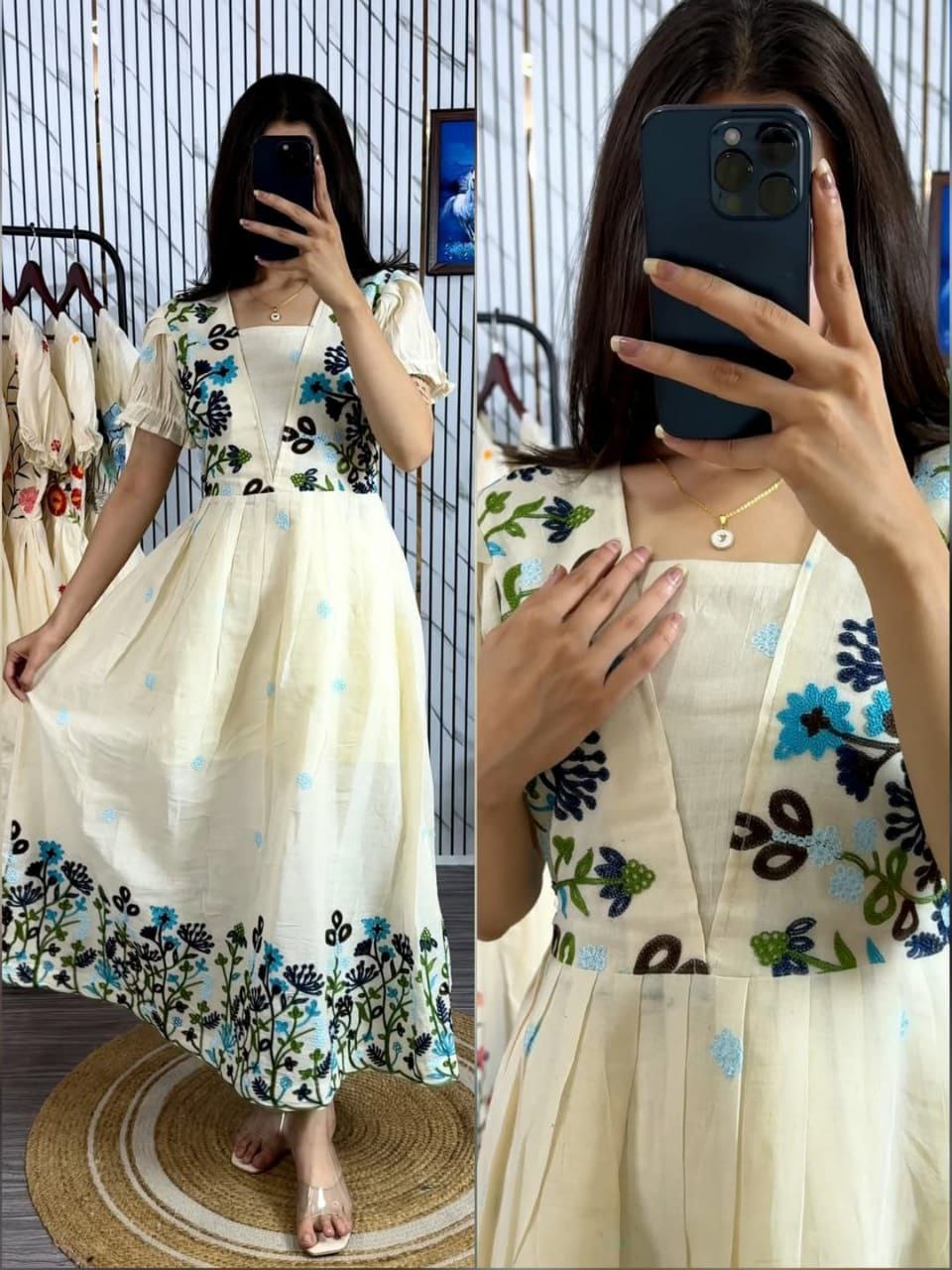 Designer Kora Cotton Multi Colour Thread Work Midi Dress - Image 3