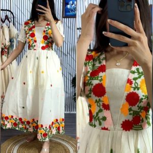 Designer Kora Cotton Midi Dress with Multi Colour Thread Work for Women