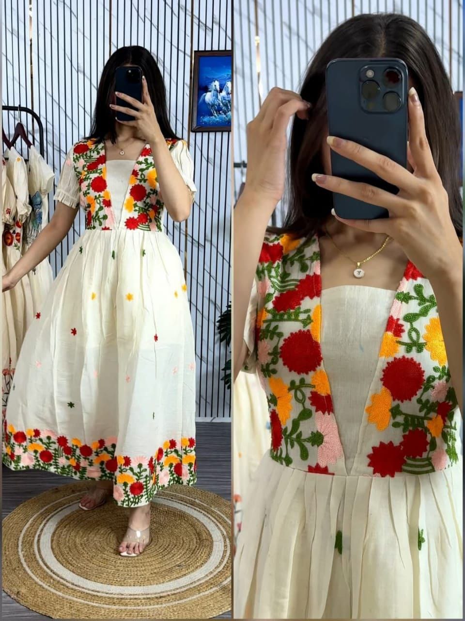 Designer Kora Cotton Midi Dress with Multi Colour Thread Work for Women