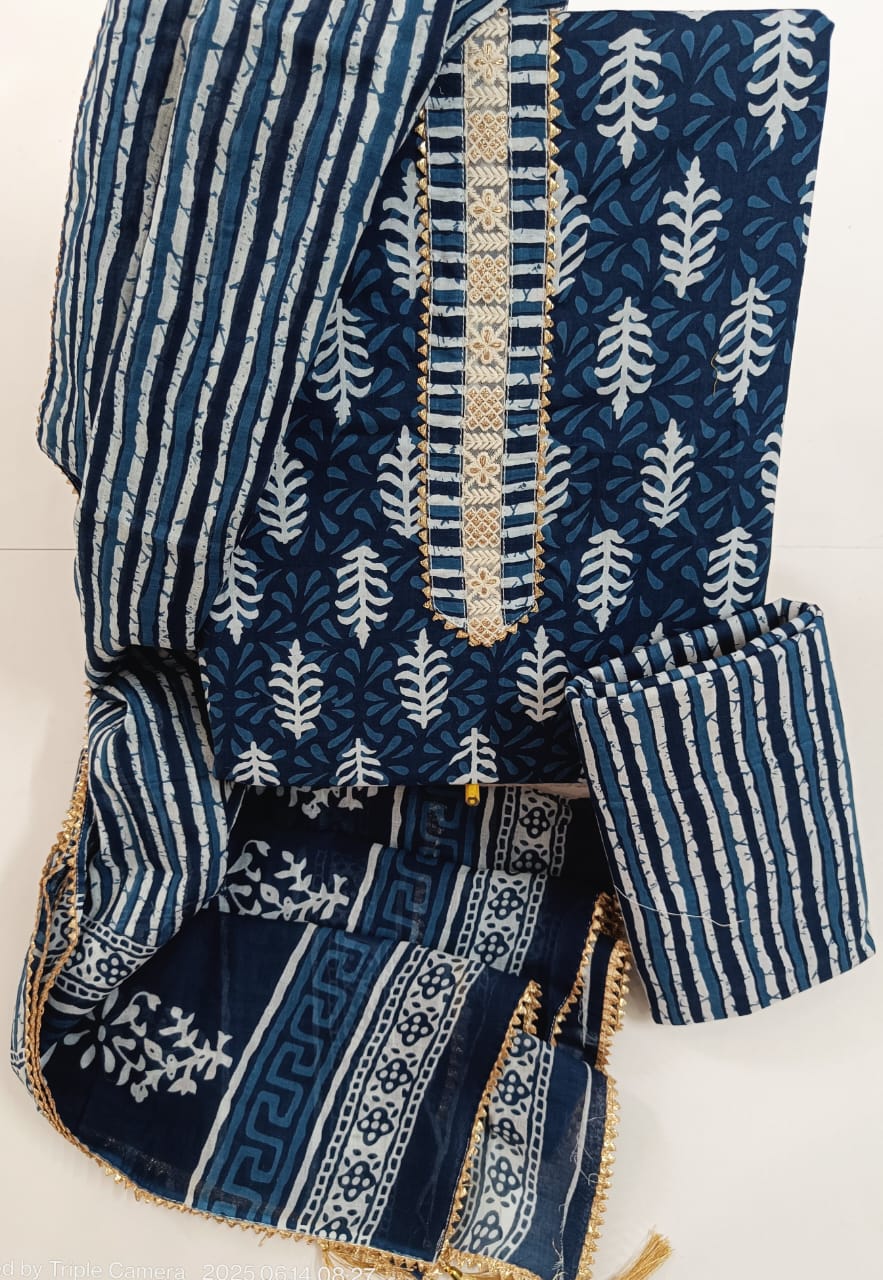 Elegant Cotton Dress Material with Cotton Dupatta | Hand Work Neck Design | K.H.A.T