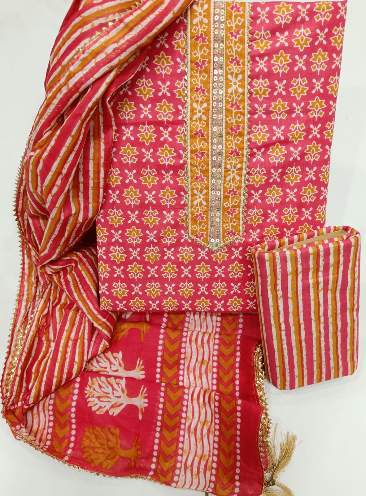 Elegant Cotton Dress Material with Cotton Dupatta | Hand Work Neck Design | K.H.A.T - Image 9