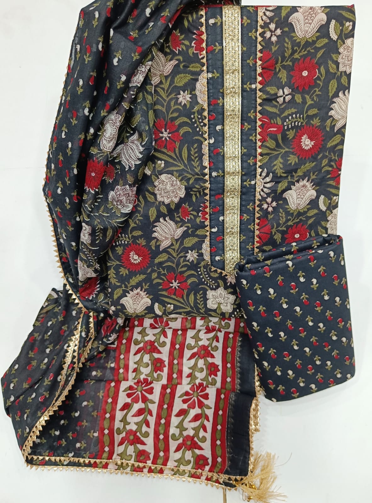 Elegant Cotton Dress Material with Cotton Dupatta | Hand Work Neck Design | K.H.A.T - Image 10