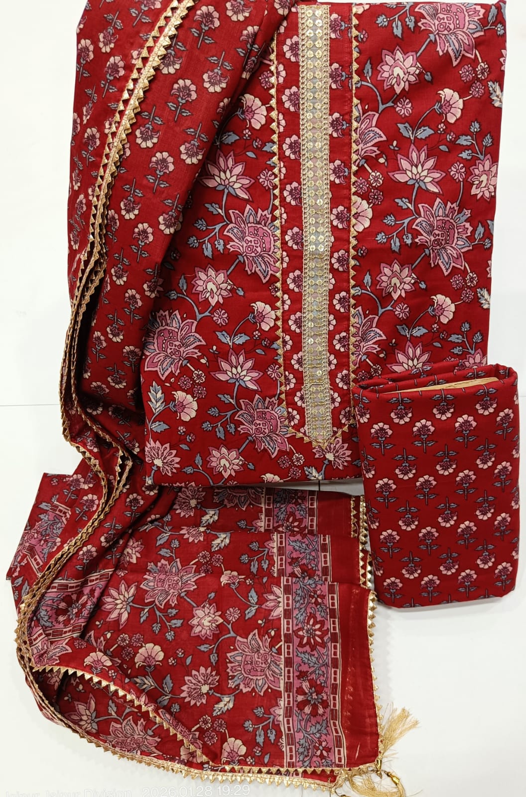 Elegant Cotton Dress Material with Cotton Dupatta | Hand Work Neck Design | K.H.A.T - Image 11