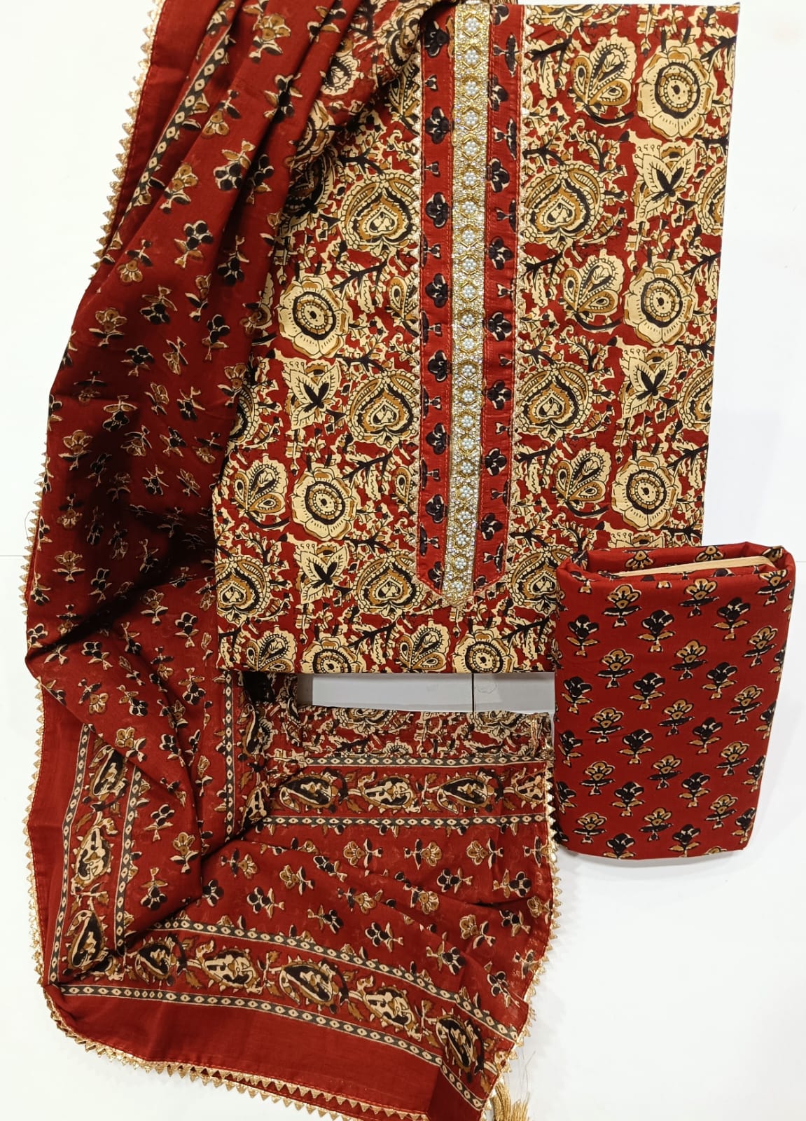 Elegant Cotton Dress Material with Cotton Dupatta | Hand Work Neck Design | K.H.A.T - Image 12