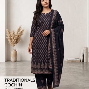 Traditionals Cochin Pure Cotton 3 Piece Kurtha Set for Women in Navy Blue with Dupatta and Pant