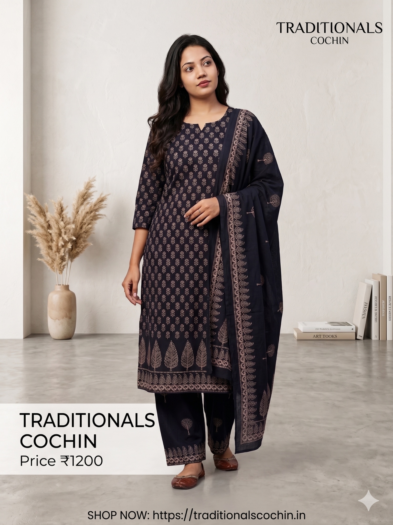 Traditionals Cochin Pure Cotton 3 Piece Kurtha Set for Women in Navy Blue with Dupatta and Pant